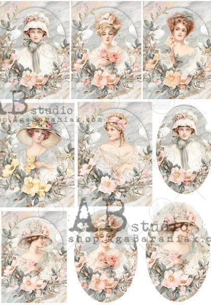 Vintage ladies in flower wreaths AB Studio Rice Papers