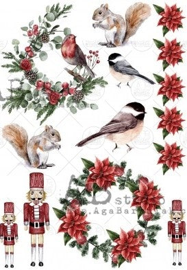 red poinsettia wreaths squirrels birds and toy soldiers 