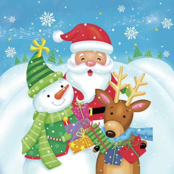 Cartoon Santa, Snowman and Reindeer. Beautiful Christmas Holiday Decoupage Napkin for Crafting