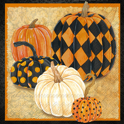 Decoupage Decorative Paper Napkin with five pumpkins, white, orange, Plaid, polka dot patterns