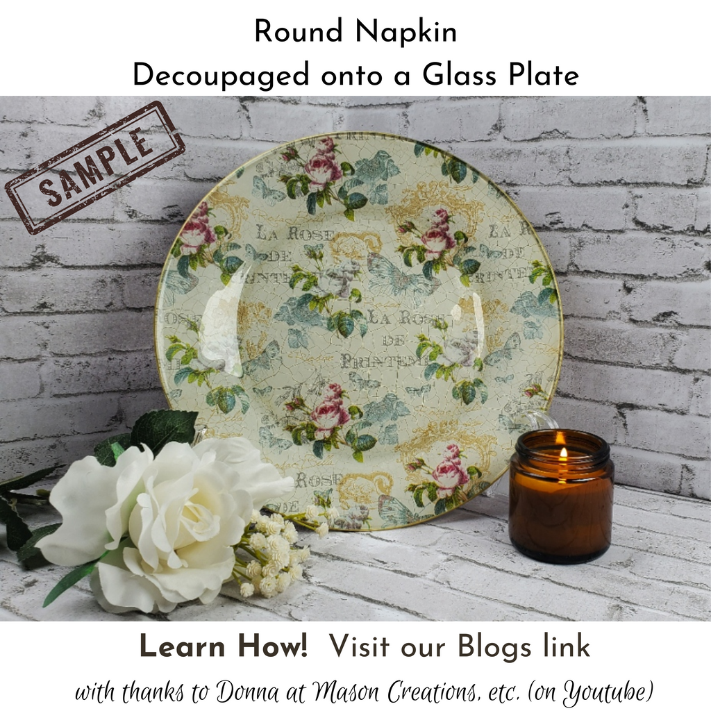 Floral Decoupaged plate. Round paper napkin for decoupage.