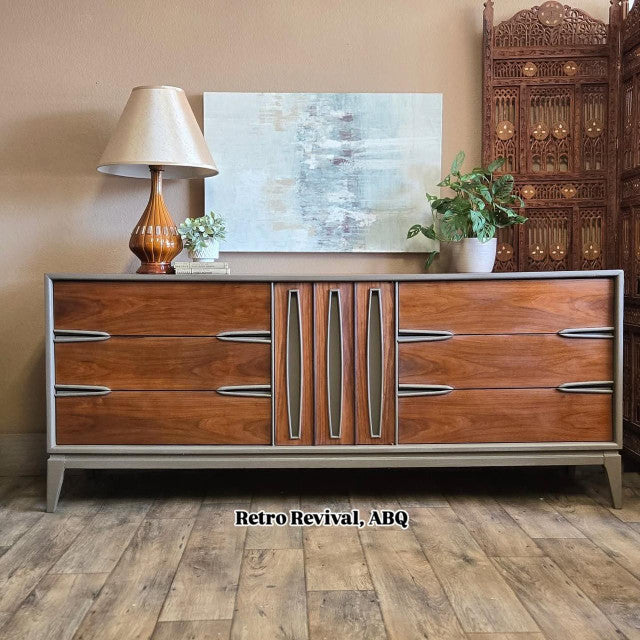 Wooden dresser with decorative items on a wooden floor, featuring 'Retro Revival, ABQ' branding.