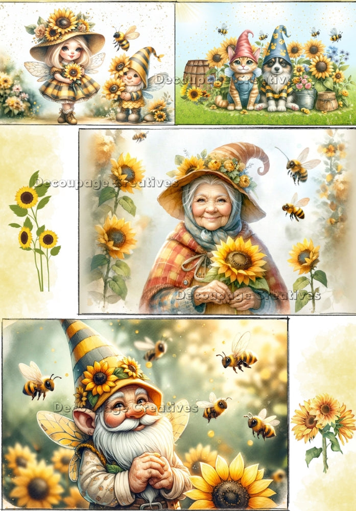 4 scenes of gnomes with yellow sunflowers. Decoupage Paper Designs A4 rice paper.