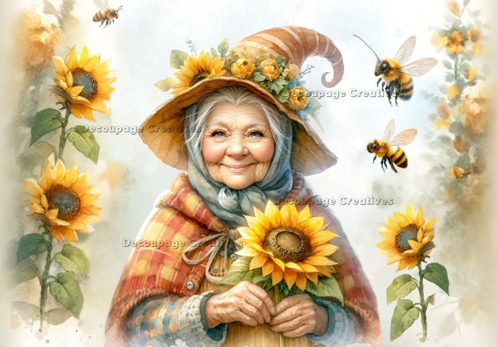 Grandma gnome in hat with bees and yellow sunflowers. Decoupage Paper Designs A4 rice paper.