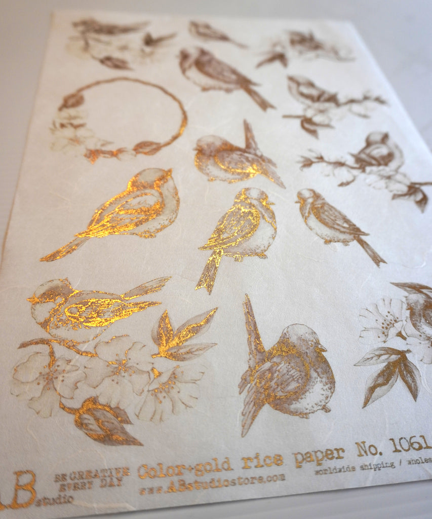 gilded bird with floral branches AB Studio Rice Papers