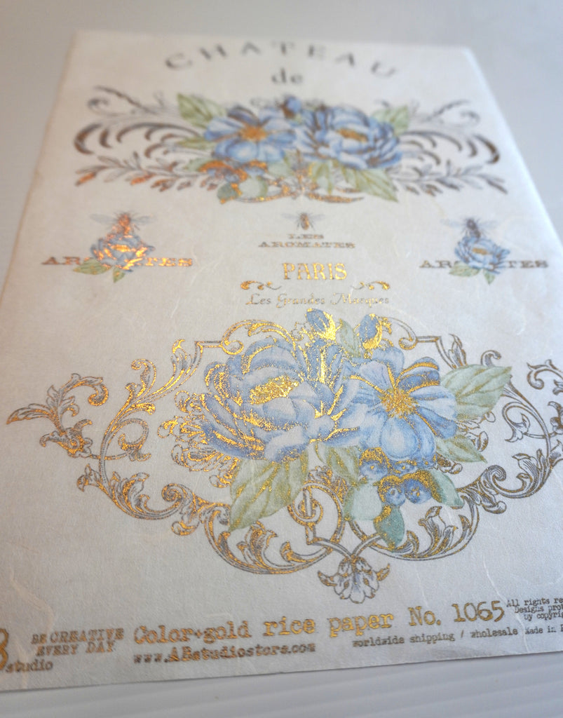 blue flowers on french labels AB Studio Rice Papers
