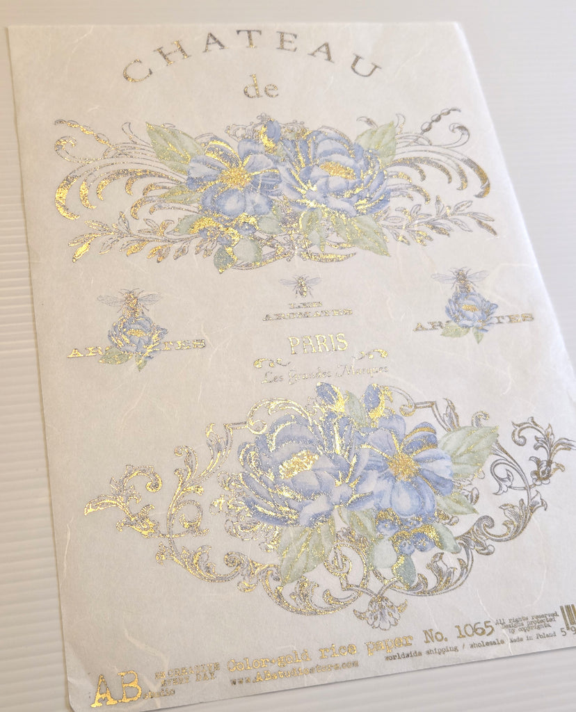 blue flowers on French labels AB Studio Rice Papers