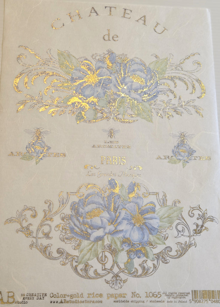 blue flowers on French labels AB Studio Rice Papers