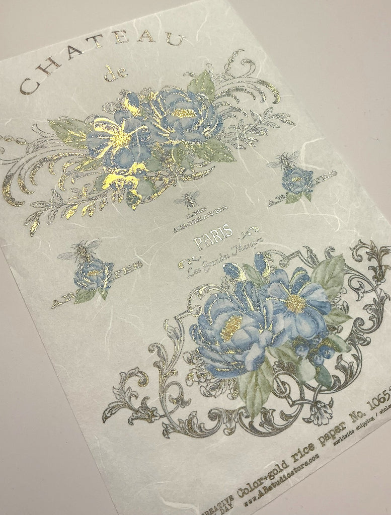 blue flowers on French labels AB Studio Rice Papers