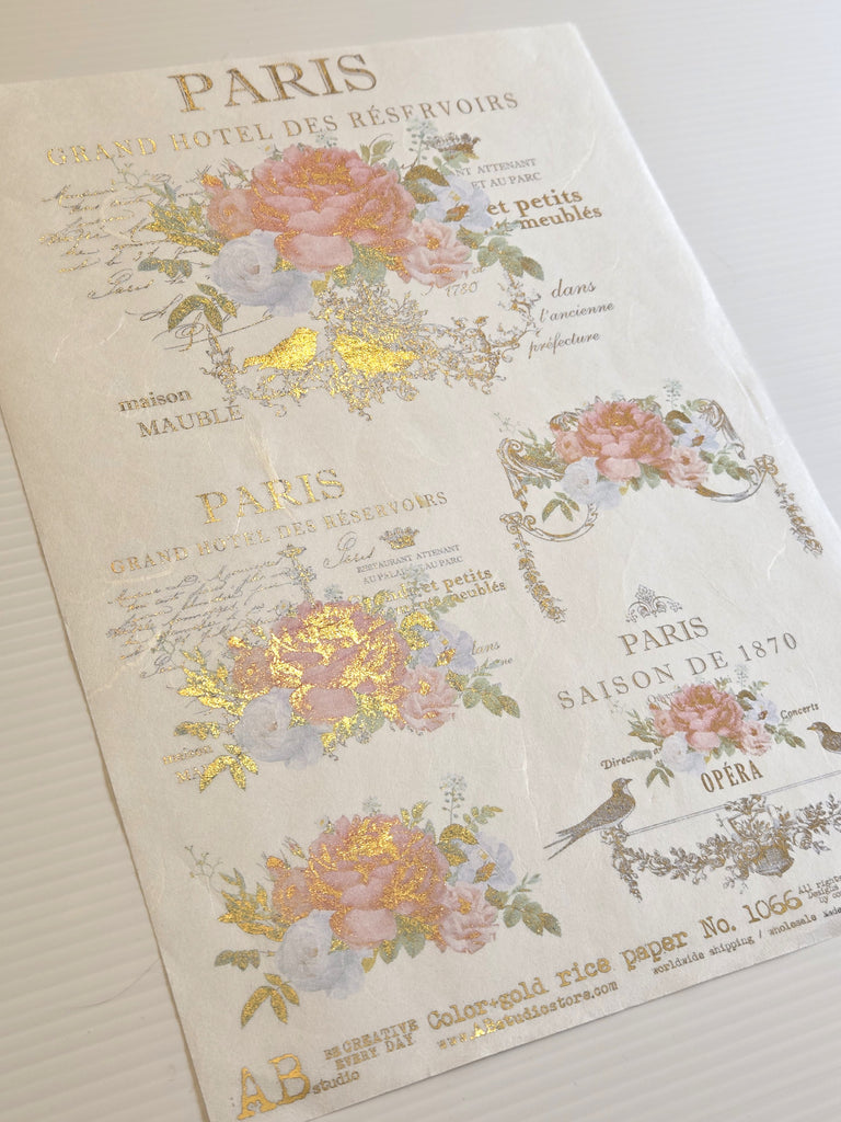 pink and orange blossom on french labels AB Studio Rice Papers