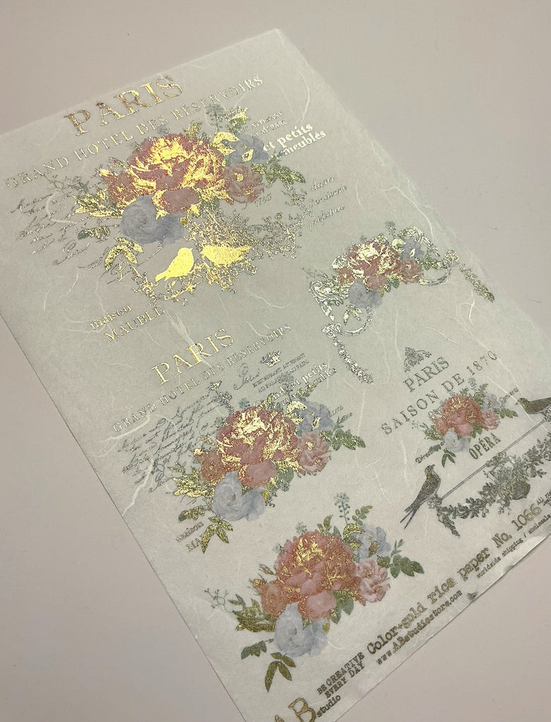 pink and orange blossom on french labels AB Studio Rice Papers
