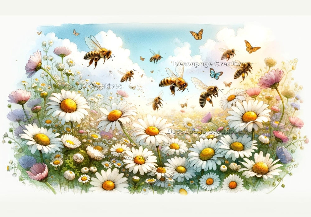 Field of white daisies with bees. Decoupage Paper Designs A4 rice paper.