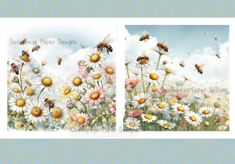 Field of white flowers with bees. Decoupage Paper Designs A4 rice paper.