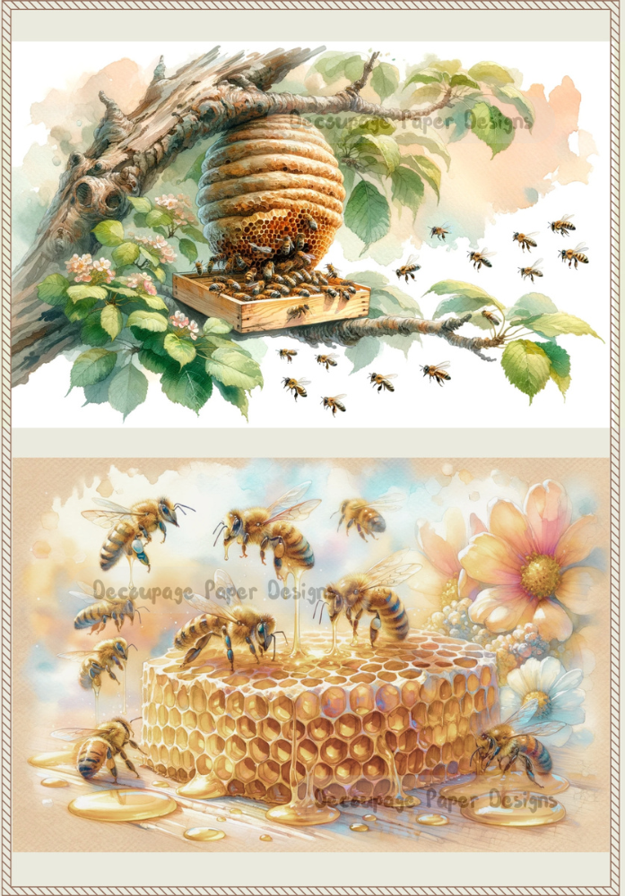 Bees and honeycomb. Decoupage Paper Designs A4 rice paper.