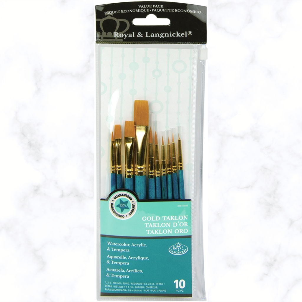 oyal & Langnickel® Gold Taklon Brush Set. This versatile pack includes 10 brushes with blue handles, perfect for acrylics, watercolors, and temperas.