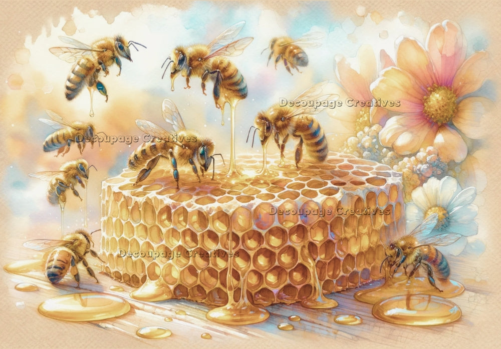 Bees on honeycomb with pink flowers. Decoupage Paper Designs A4 rice paper.