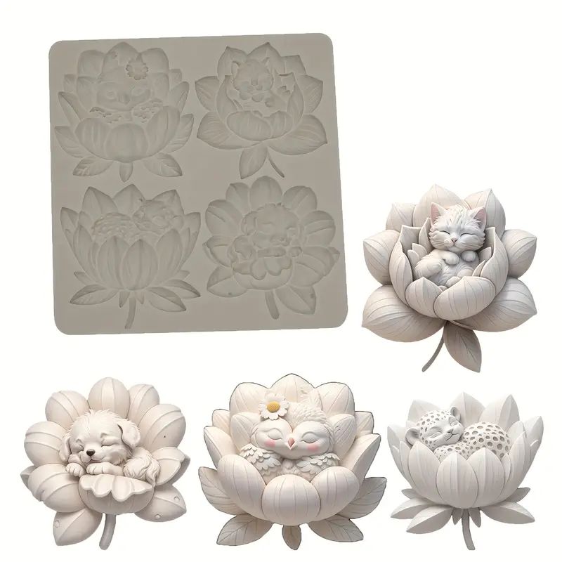 Silicone Craft Accent Mold. Lotus flowers with dog cat owl and leopard