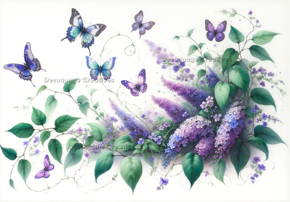 Purple butterflies and purple hydrangea. Decoupage Paper Designs A4 rice paper.