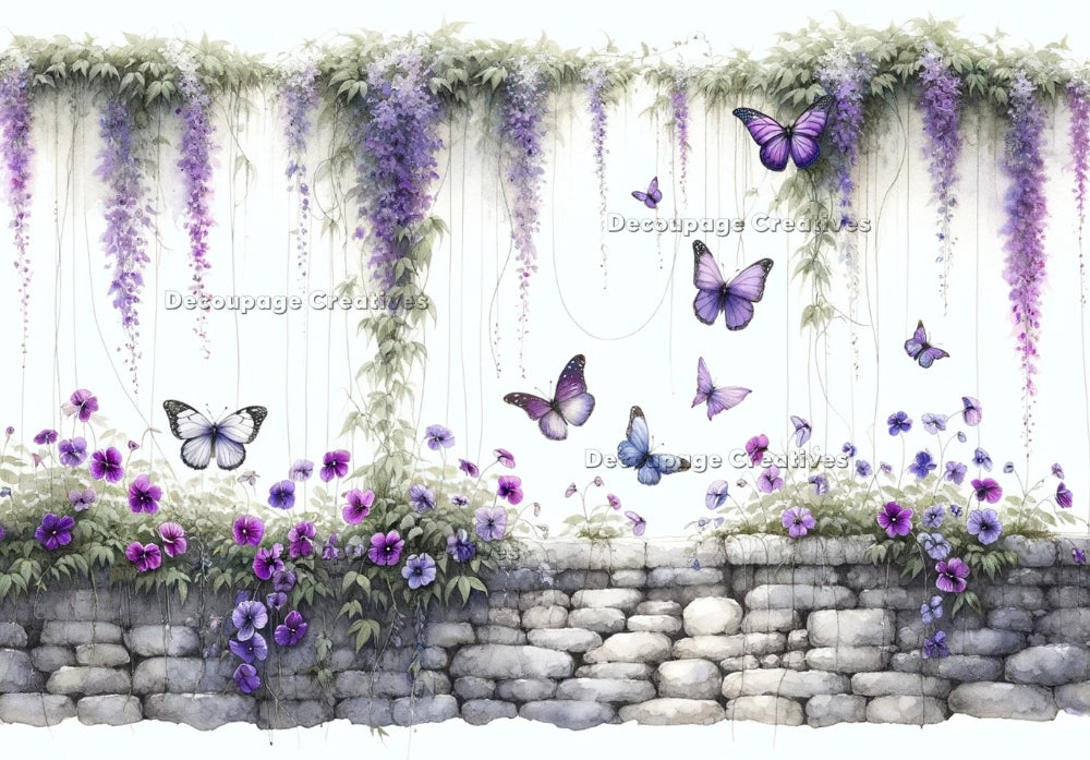 Butterflies and a wall of lavender and pansies. Decoupage Paper Designs A4 rice paper.