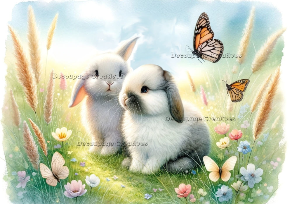 Two bunnies in a field of pastel flowers and golden butterflies. Decoupage Paper Designs A4 rice paper.