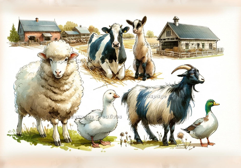 Sheep, Cow, Goat and ducks in sepia color on farm. Decoupage Paper Designs A4 rice paper.