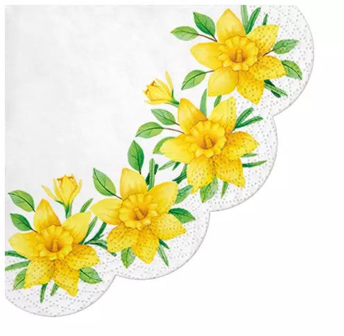 Yellow daffodil flowers. Round paper napkin for decoupage.