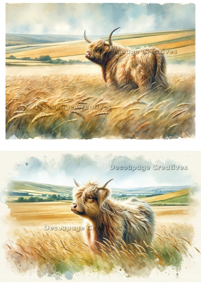 Two highlander cows in golden fields. Decoupage Paper Designs A4 rice paper.