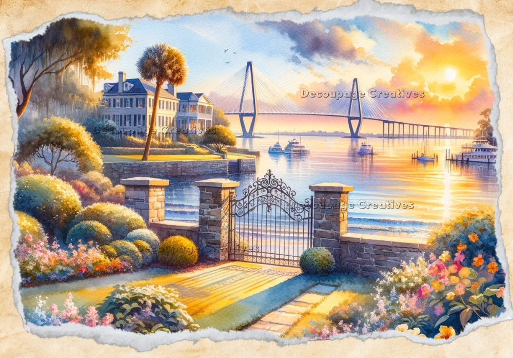 Charleston, SC harbour at sunset. Garden view of the water and bridge. Decoupage Paper Designs A4 rice paper.