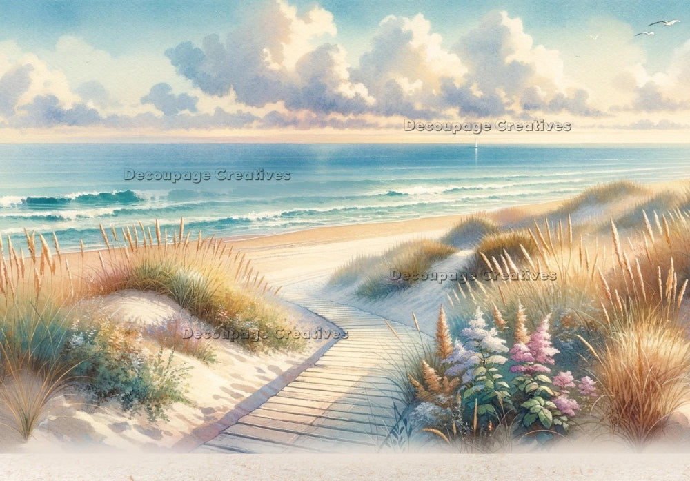 Carolina coastal scene of wood boardwalk in dunes near beach. A4 Decoupage paper.