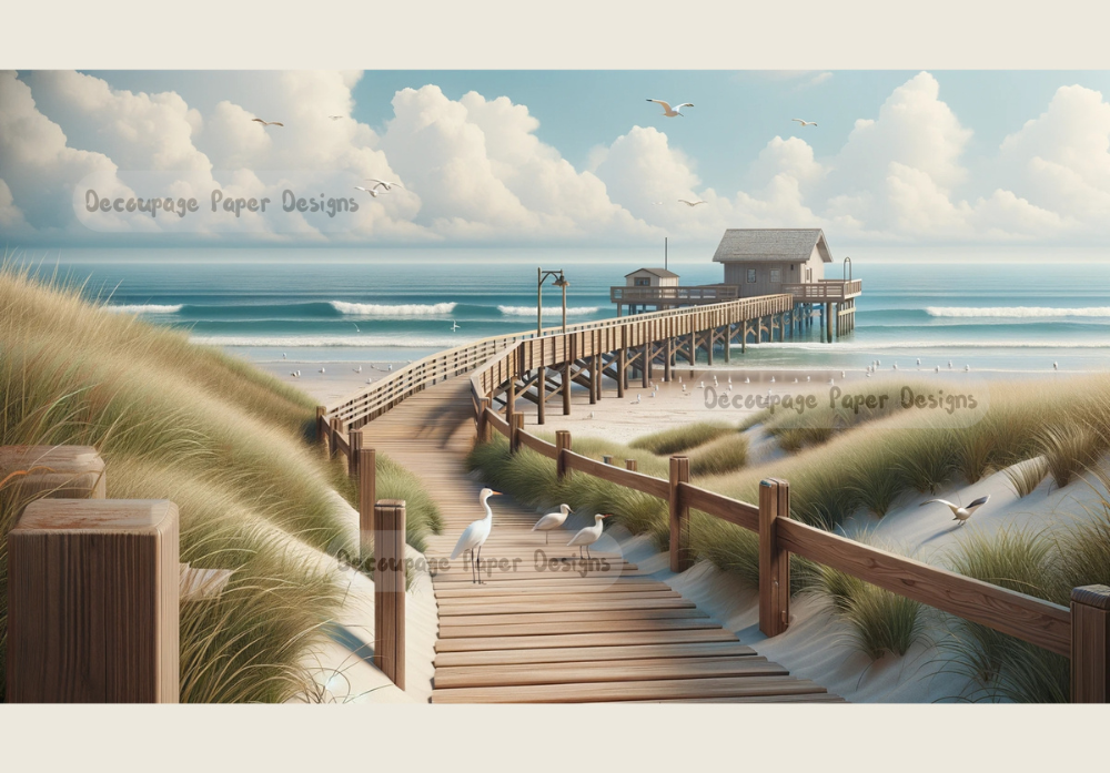 South Carolina beach shoreline and boardwalk to a pier. Decoupage Paper Designs A4 rice paper.