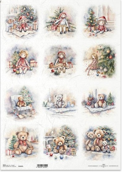 Multi-scenes vintage Christmas dolls and bears with Christmas trees. ITD Collection Rice Paper