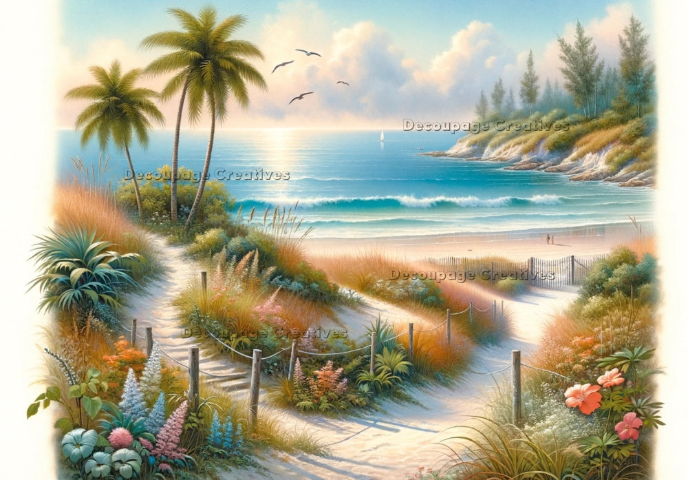 Scene of California beach with pastel florals. Decoupage Paper Designs A4 rice paper.