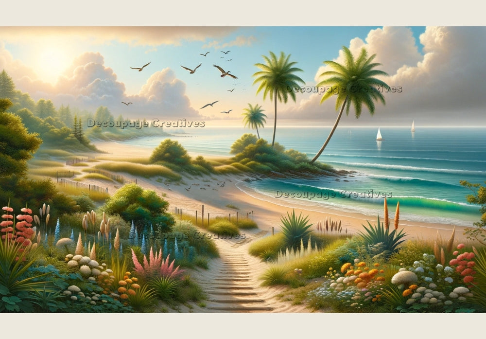 Tropical beach with blue waters, palms and pastel flowers. Decoupage Paper Designs A4 rice paper.