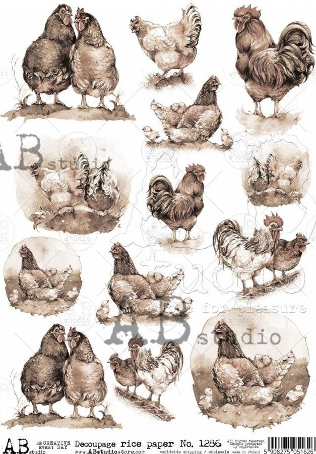 grayscale chickens and roosters AB Studio Rice Papers