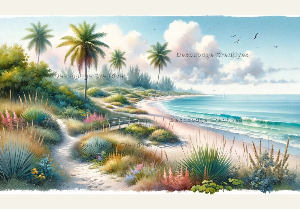 Tropical beach with pastel flowers and palm trees. Decoupage Paper Designs A4 rice paper.