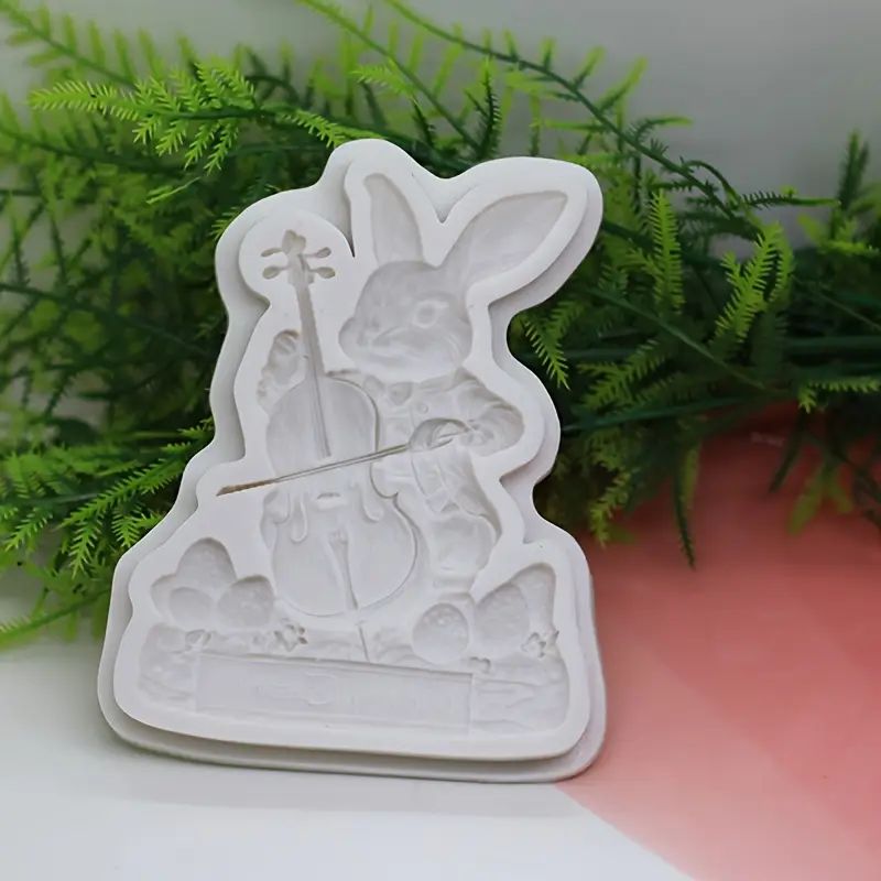 Silicone Craft Accent Mold. Bunny playing cello with Easter eggs