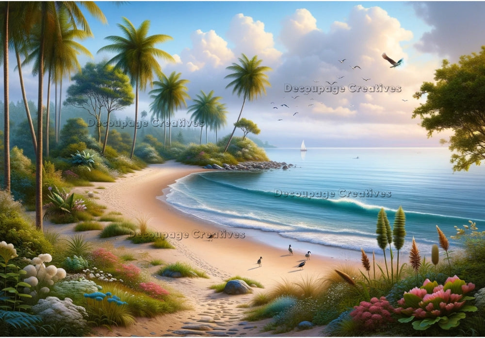 Tropical beach scene of water, palms and vibrant plants. Decoupage Paper Designs A4 rice paper.