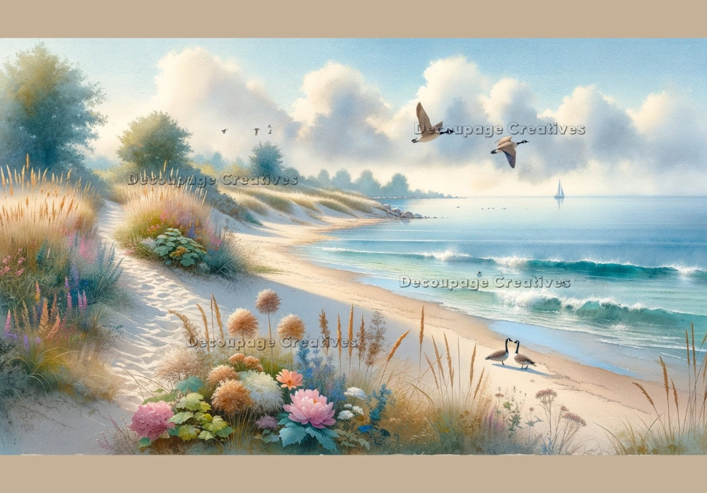 Beach scene with dunes, colorful plants and geese. Decoupage Paper Designs A4 rice paper.
