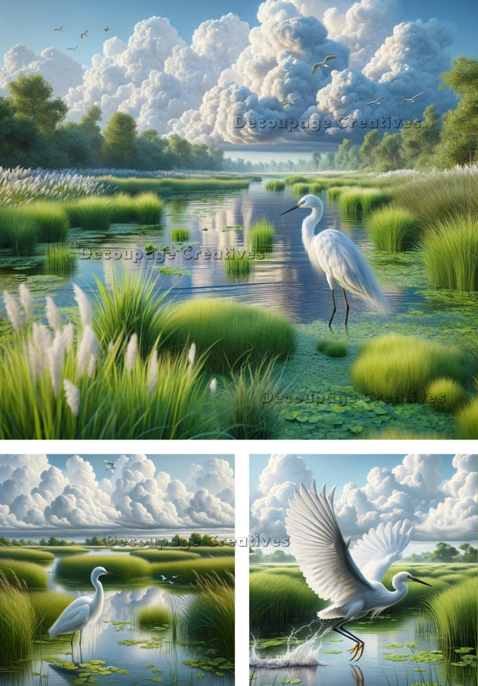 Three scenes of white egret in southern marsh. Decoupage Paper Designs A4 rice paper.