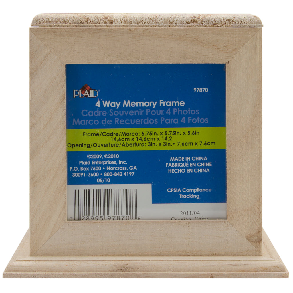 Wooden 4-way memory frame with Plaid brand label on a white background