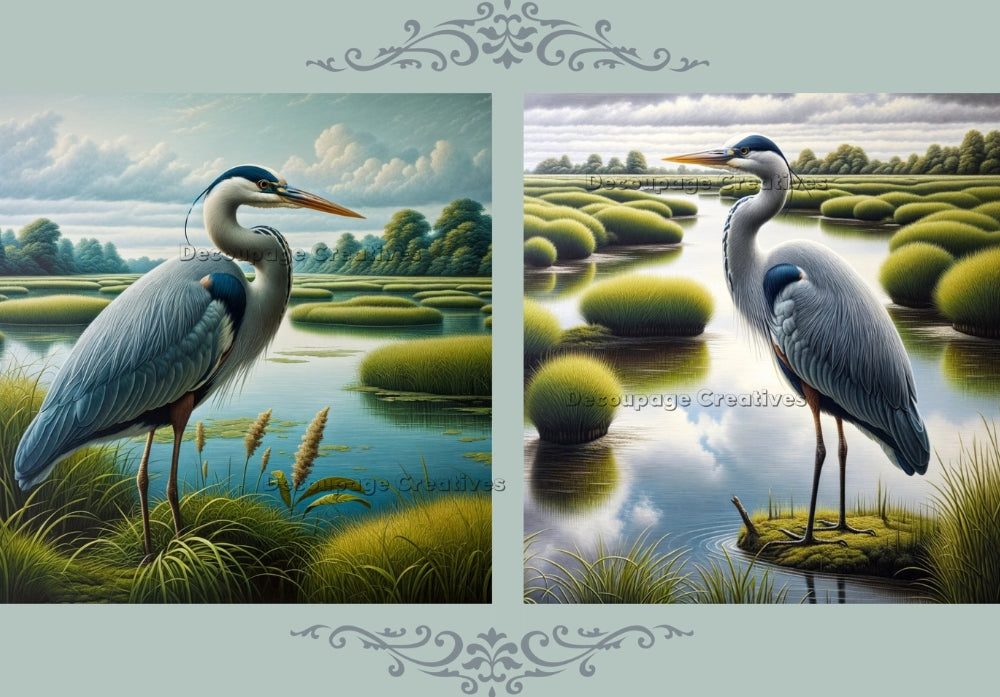 Two scenes of a blue heron in tidal marsh. Decoupage Paper Designs A4 rice paper.