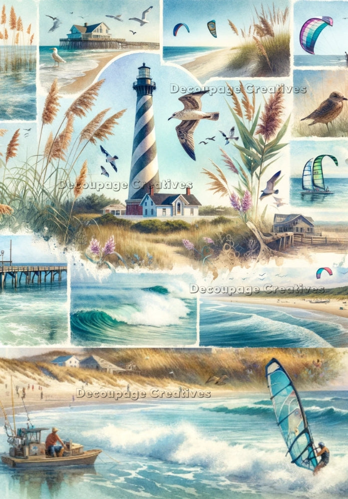 Collage of scenes of Cape Hatteras lighthouse and beach area. Decoupage Paper Designs A4 rice paper.