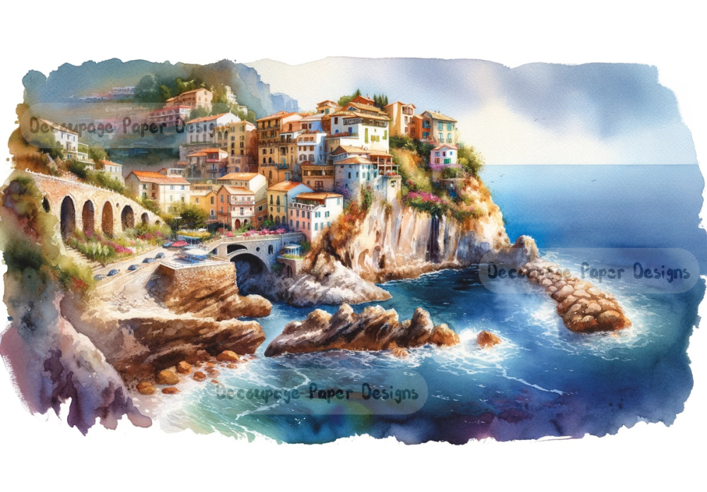Scene of houses in the greek isle on cliffs overlooking water. Decoupage Paper Designs A4 rice paper.