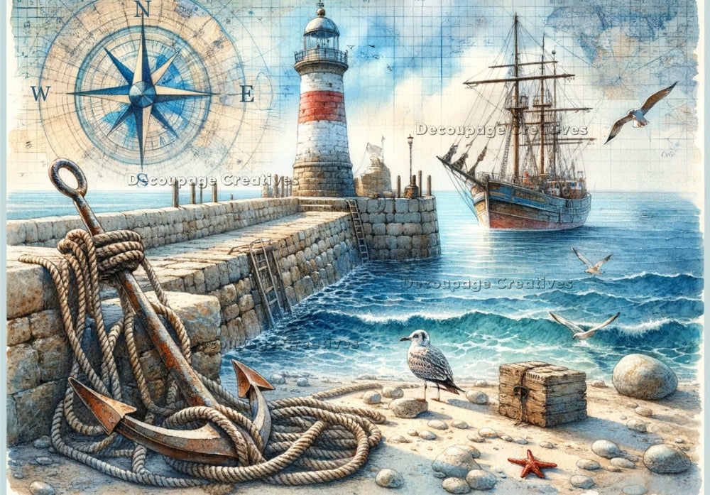 Collage of a rock jetty with lighthouse and vintage ship. Decoupage Paper Designs A4 rice paper.