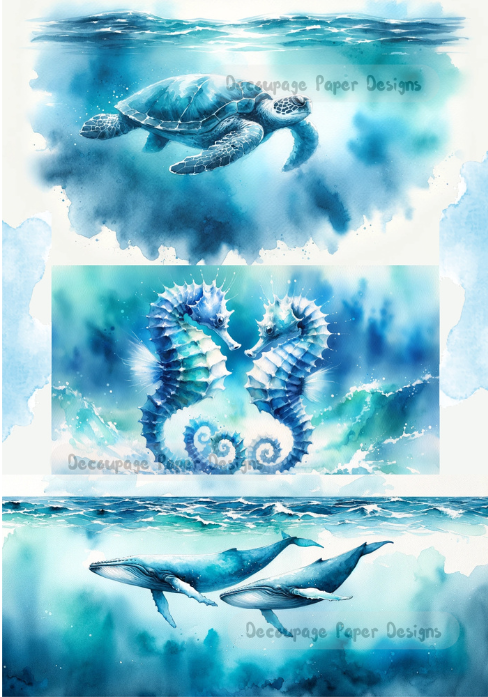 Scenes in aqua color of sea turtle, seahorses and whales. Decoupage Paper Designs A4 rice paper.