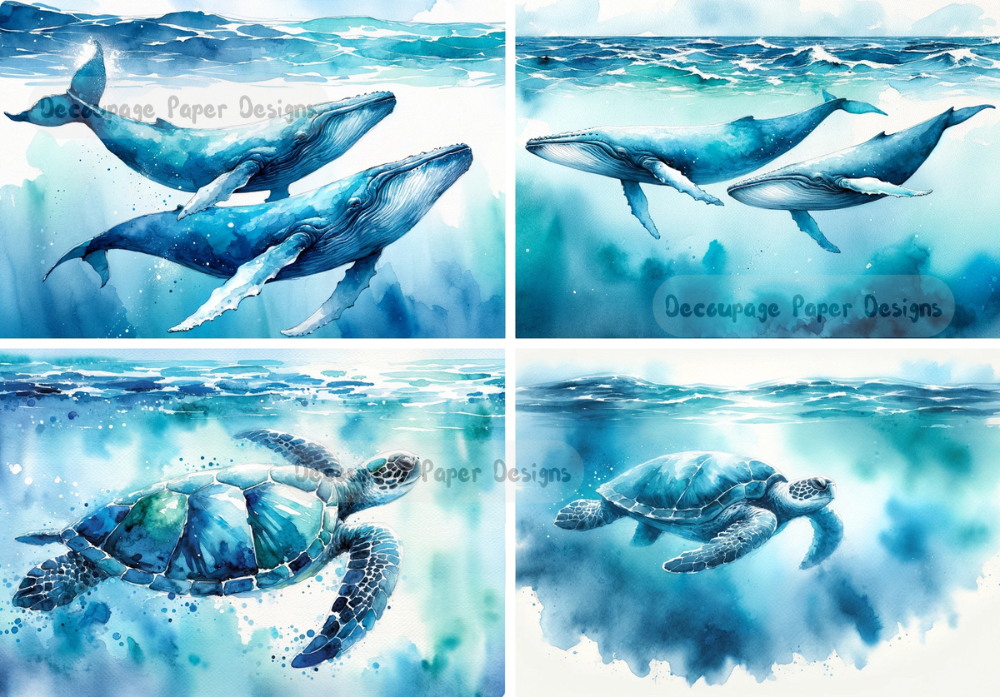 Four scenes in aqua color of whates and sea turtles. Decoupage Paper Designs A4 rice paper.