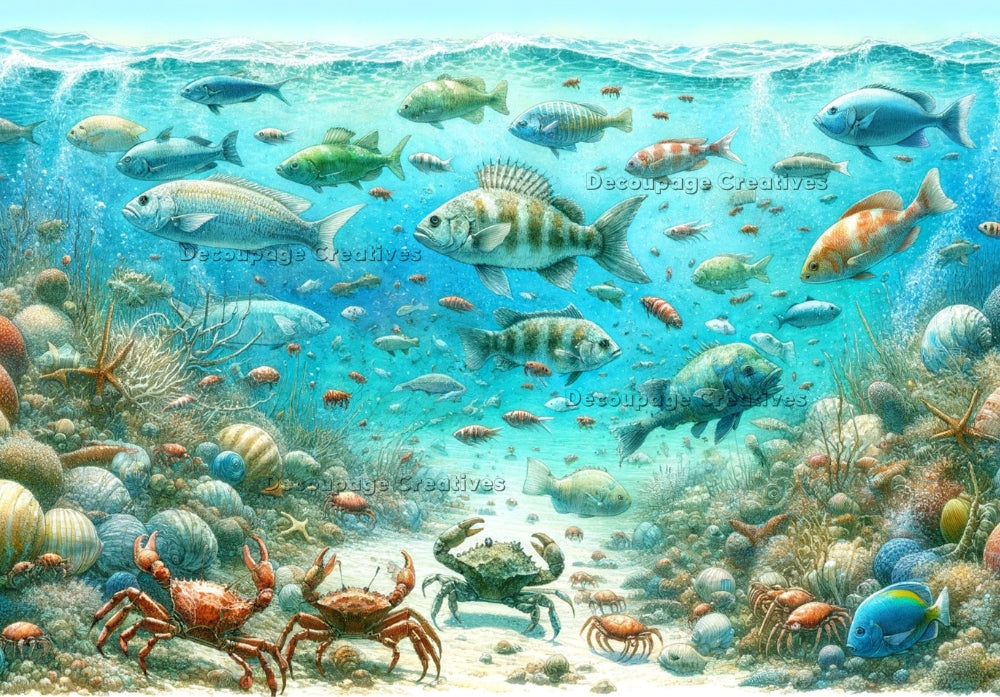 Colorful view of sea life under bright blue water, fish, crabs and shells. Decoupage Paper Designs A4 rice paper.
