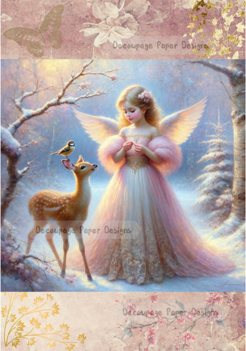 Angel in pink, in snowy forest with birds and deer. Decoupage Paper Designs A4 rice paper.
