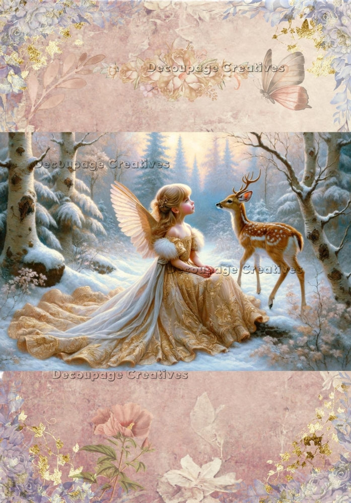 Angel in pink, in snowy forest with birds and deer. Decoupage Paper Designs A4 rice paper.