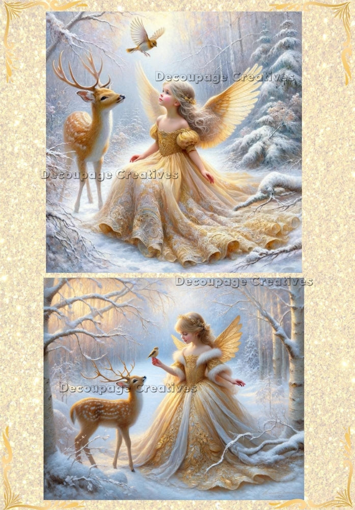 Angel in gold dress in snowy forest with birds and deer. Decoupage Paper Designs A4 rice paper.